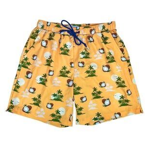 Mosmann Men's Small Swim Trunks Yellow with‎ Coconut & Palm Tree Print Shorts